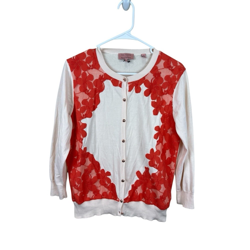 Ted Baker Womens Size US 4 London Lace Front Cardigan‎ Peach Button Front